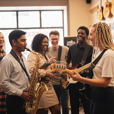 Diverse group of musicians enjoying a local music shop event, laughing and interacting