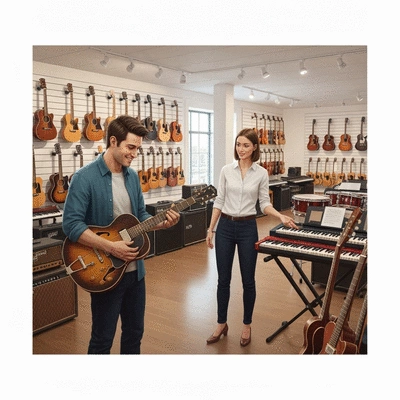 Musician browsing instruments in a well-lit local music store, with staff offering assistance, no text, no words, no typography, clean image