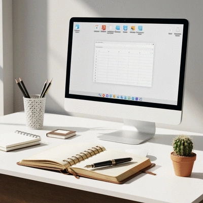 Top-down view of a neatly organized desk with a notebook titled 'Music Shop Recap', a pen, and small musical accessories, no text, no words, no typography, clean image