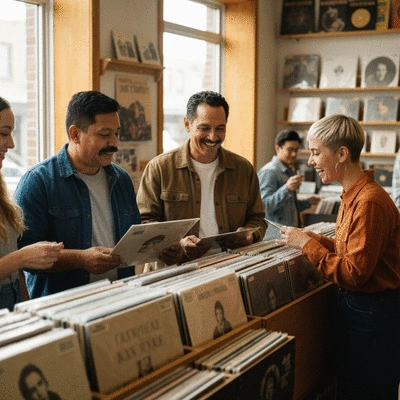 Diverse group of people browsing records in a vibrant independent music shop, interacting and smiling