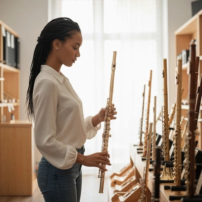 Person thoughtfully choosing a musical instrument in a well-lit music shop, surrounded by various instruments