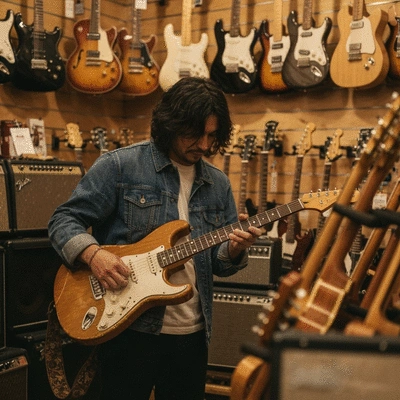 Person browsing secondhand guitars in a well-lit music shop