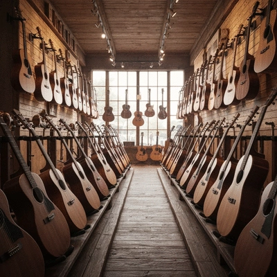 Interior of a specialty music shop with rows of guitars and musical instruments