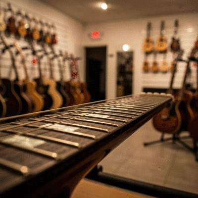 Close-up of a guitar fretboard with a blurred background of a music store, emphasizing musical journey
