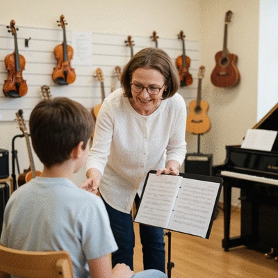 Teacher instructing a student in a music lesson with instruments in a music store setting