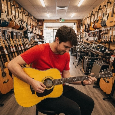 Musician trying a guitar in a vibrant local music shop