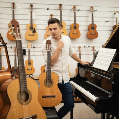 Person thoughtfully choosing between various musical instruments like guitar, piano, and ukulele in a clean, brightly lit music store. Soft focus, lifestyle photography, no text, no words, no typography, no labels, clean image.