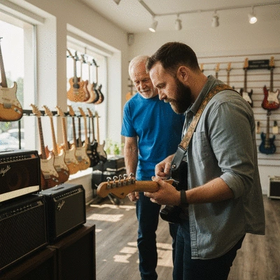 Person trying a guitar in a local music shop, with staff providing advice
