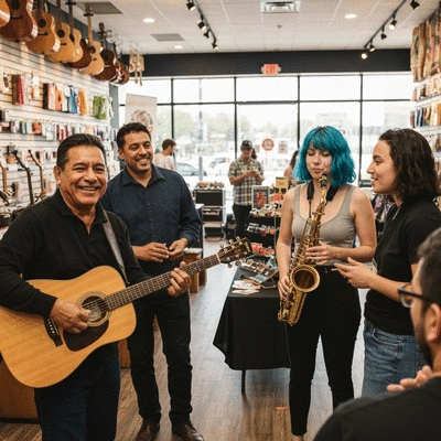Diverse group of musicians interacting and networking at a local music store event, vibrant atmosphere, no text, no words, no typography, 8K