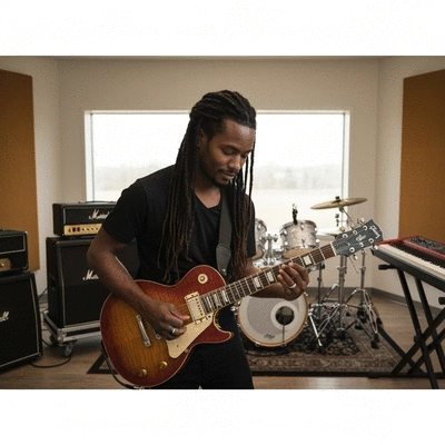 Professional musician playing a guitar in a studio, surrounded by musical instruments and equipment, focus on the musician and their instrument, no text, no words, no typography, 8K