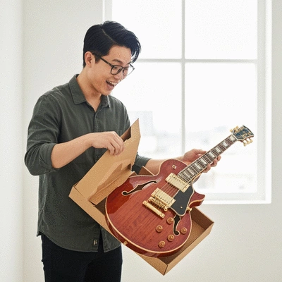 Musician happily unboxing new limited-edition guitar