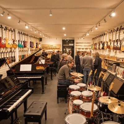 Interior of a bustling local music shop with various instruments and customers browsing, warm lighting, no text, no words, no typography, clean image