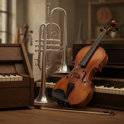 A collection of various vintage musical instruments, such as a violin, trumpet, and old keyboard, elegantly displayed