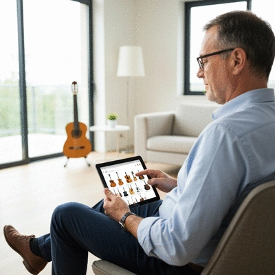 Person browsing musical instruments on a tablet, with a guitar visible in the background, clean image, no text, no words, no typography