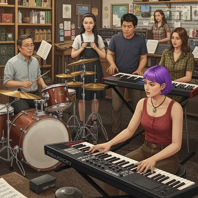Diverse group of musicians attending a workshop in a vibrant local music store, interacting and learning, no text, no words, no typography, clean image
