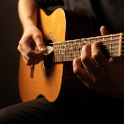 Close-up of a person's hands holding a guitar pick and strumming strings on an acoustic guitar, warm lighting, clean image