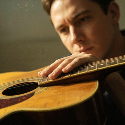 Person thoughtfully considering musical goals in a brightly lit music shop, surrounded by instruments, no text, no words, no typography, clean image