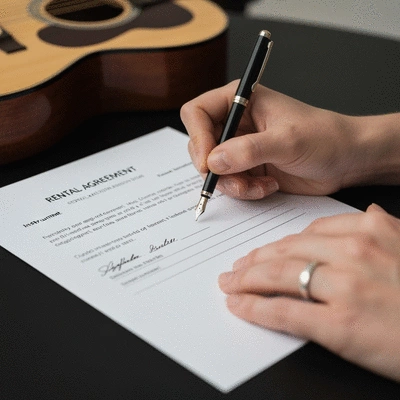 Close-up of hands filling out a rental agreement form for a musical instrument, with a pen and a blurred instrument in the background