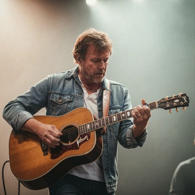 Musician playing an acoustic guitar on a stage, soft focus background