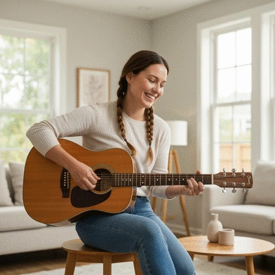 Beginner guitarist happily playing a comfortable, well-sized acoustic guitar in a bright, modern living room, natural lighting, clean image