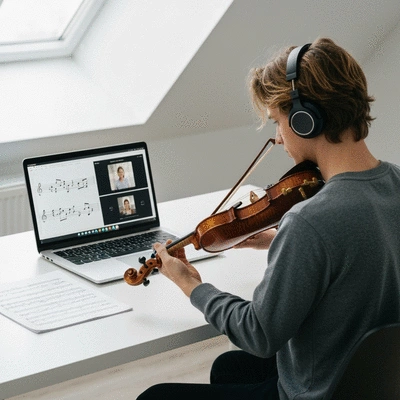 Person learning to play a musical instrument using online resources on a laptop, with sheet music and headphones, clean image, no text, no words, no typography