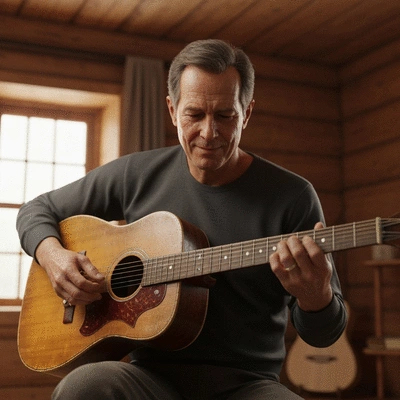 Musician playing a vintage acoustic guitar in a cozy, rustic setting