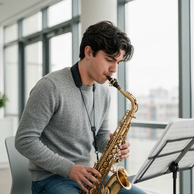 Young person practicing a musical instrument with sheet music, focused and engaged, in a bright, modern setting. Lifestyle photography, no text, no words, no typography, no labels, clean image.