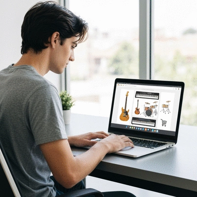 Person browsing musical instruments on a laptop, with shopping cart icon