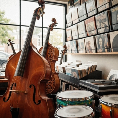Close-up of various musical instruments and records symbolizing music diversity in a shop setting
