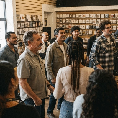 Diverse group of people enjoying a local music event at a music store